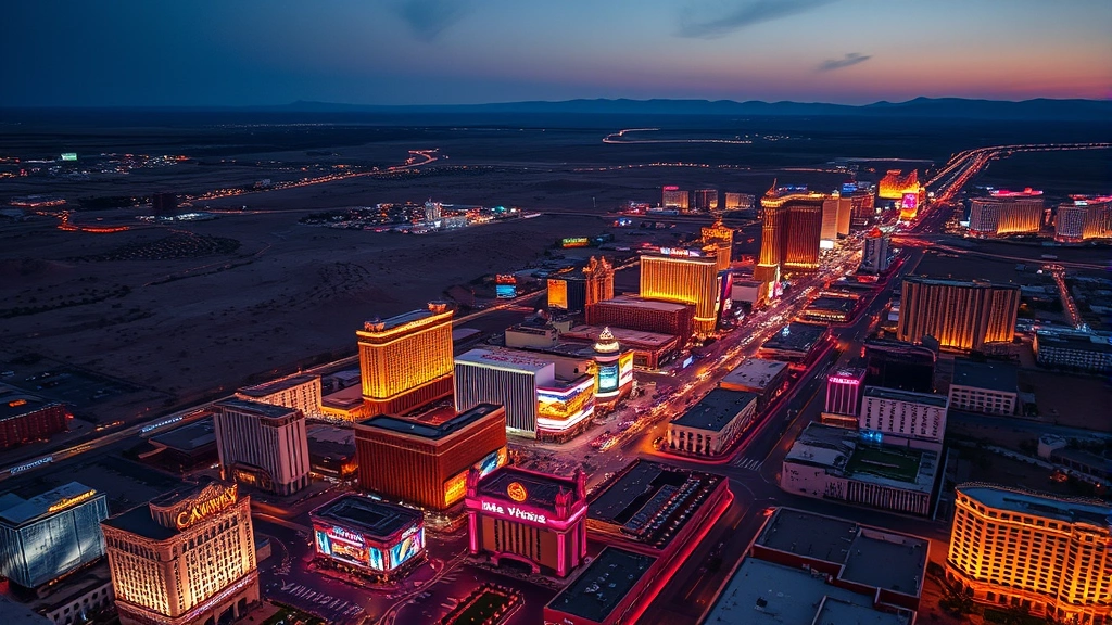 Aerial view of Las Vegas Strip with neon lights glowing at dusk, desert landscape surrounding the city, vibrant casinos and hotels visible from above, photorealistic travel photography