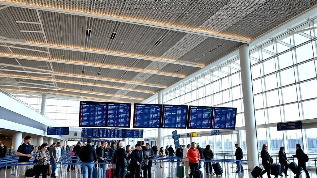 Minneapolis-St. Paul International Airport terminal interior with modern architecture, departure boards, travelers with luggage, natural lighting from large windows, contemporary airport design
