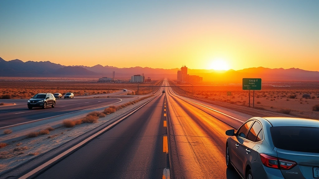 Desert highway stretching toward Las Vegas skyline at sunset, clear blue sky, mountains in distance, modern cars driving, travel adventure aesthetic, photorealistic landscape photography