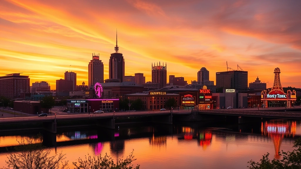 Nashville skyline at sunset with honky-tonks and neon signs reflected in Cumberland River, vibrant music city atmosphere, golden hour lighting, no text or signs visible