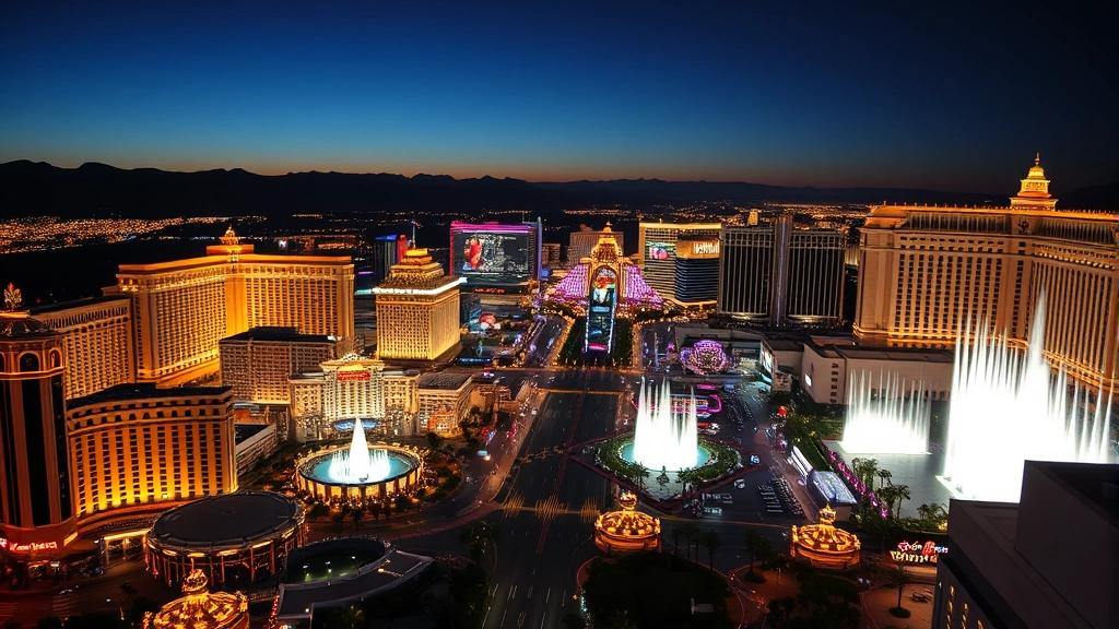Las Vegas Strip at night with illuminated casinos and hotels, fountain displays, desert landscape visible beyond city lights, dynamic and exciting nighttime scene, photorealistic