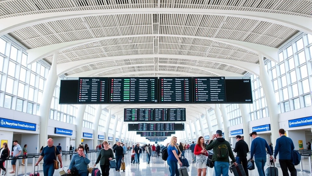 Nashville International Airport interior with modern architecture, departure boards, travelers with luggage, bright natural lighting, contemporary airport design, no visible text on signs