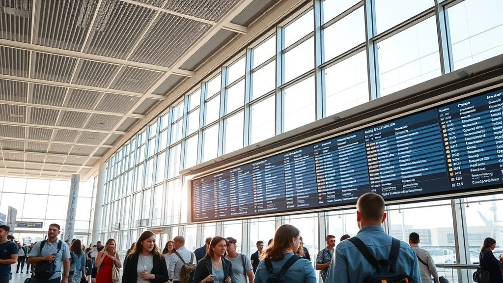 Modern airport terminal interior with travelers checking flight boards, natural light streaming through large windows, contemporary architecture, bustling travel atmosphere, no readable text on displays