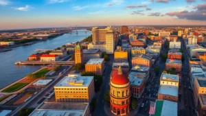 Aerial view of New Orleans cityscape with Mississippi River, historic buildings, and vibrant street life during golden hour