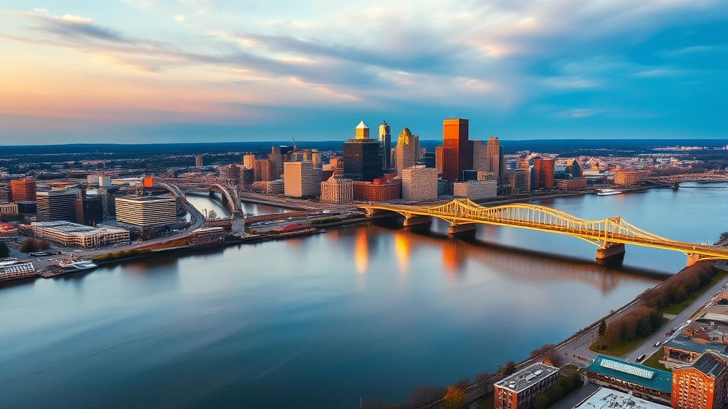 Aerial view of Pittsburgh skyline with three rivers converging at Point State Park, golden hour lighting, city bridges and modern buildings reflected in water