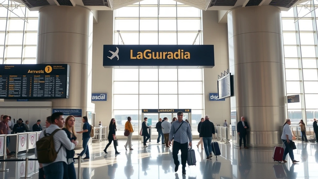 Busy LaGuardia Airport terminal interior with travelers walking past departure boards, natural light from windows, modern airport architecture and signage