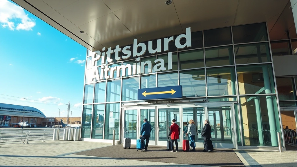 Pittsburgh International Airport modern terminal entrance exterior, contemporary architecture, travelers with luggage approaching glass doors, daytime natural lighting