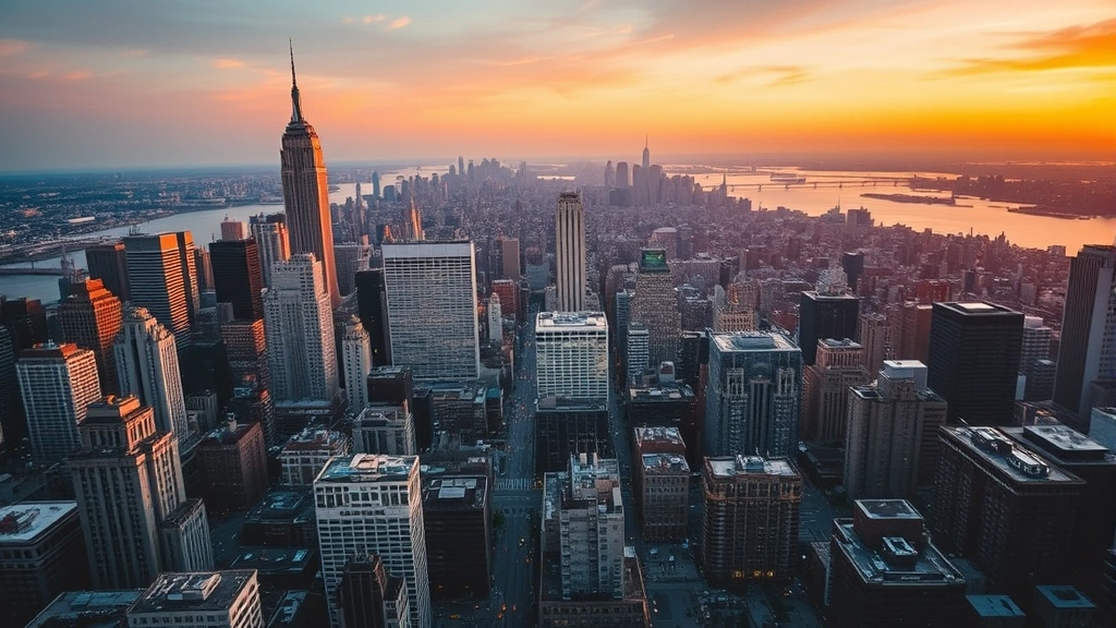 Aerial photography of New York City skyline at sunset, Manhattan buildings illuminated in golden hour light, Hudson River reflecting warm colors, busy urban landscape with yellow taxis visible on streets below
