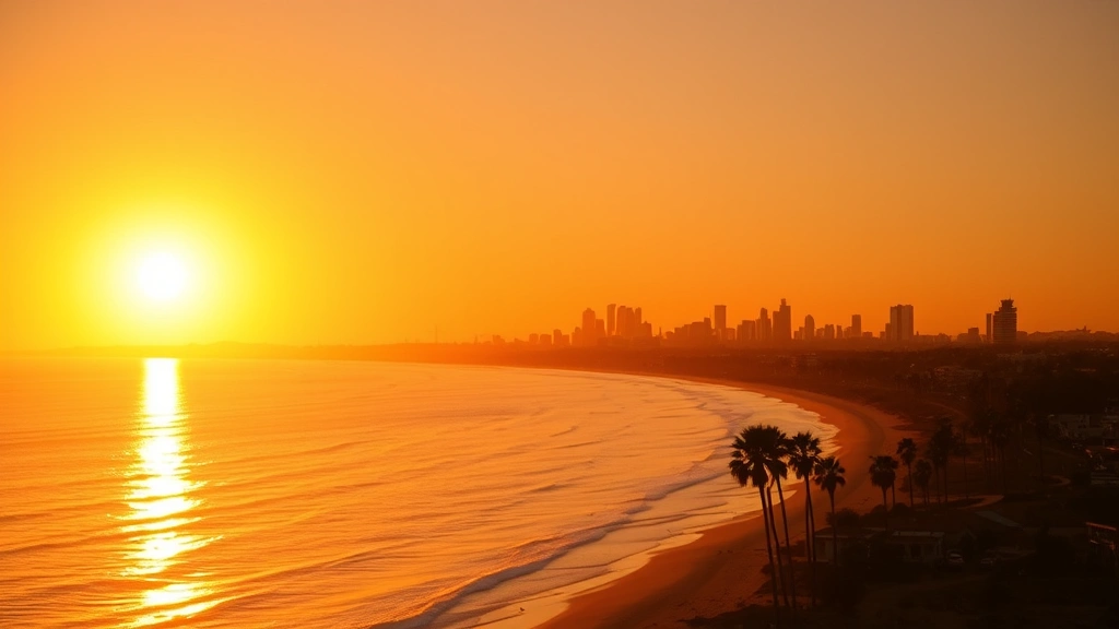 Panoramic view of San Diego coastline with golden sunset reflecting off Pacific Ocean waters, palm trees silhouetted against orange sky, downtown skyline visible in distance