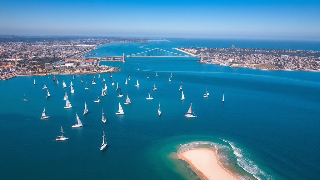 Aerial view of San Diego harbor with sailboats dotting blue water, Coronado Bridge spanning across bay, white sandy beaches, urban development visible on shoreline