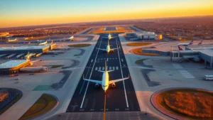 Aerial view of Newark Liberty International Airport runway with planes lined up during golden hour, modern terminal buildings visible, New Jersey landscape in background, realistic photography style
