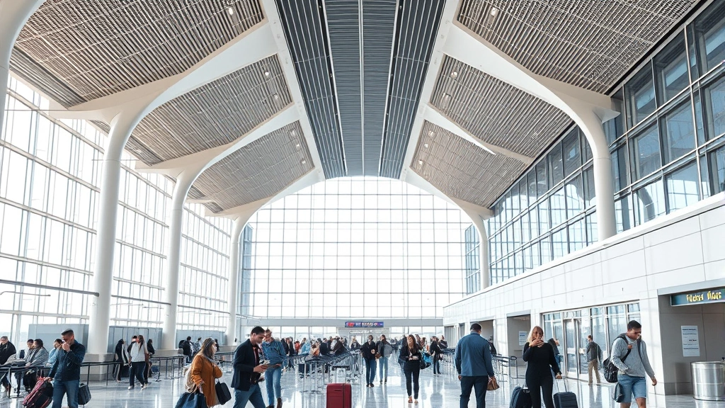 Chicago O'Hare International Airport interior showing modern architecture with natural light, busy passenger terminal with travelers checking bags, contemporary design elements, photorealistic travel photography