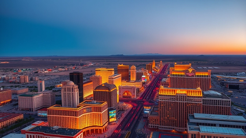 Aerial view of Las Vegas Strip at sunset with bright neon lights and casinos, golden hour lighting, clear desert sky