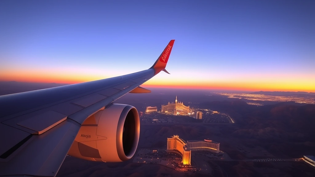 Commercial airplane wing and engine in flight over desert landscape with Las Vegas visible below at dusk, realistic photography