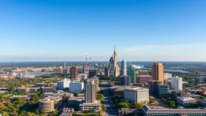 Aerial view of Orlando skyline with theme park castle visible in distance, sunshine state landscape, bright blue sky, downtown buildings reflecting afternoon light