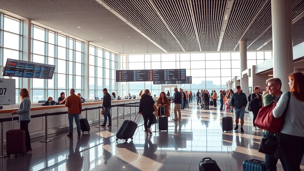 Modern airport terminal interior with travelers checking luggage at counter, departure board showing flights, natural lighting from large windows, busy but organized atmosphere
