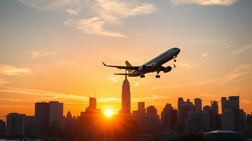 NYC skyline at sunset with airplane taking off in foreground, Manhattan skyline silhouette, warm golden hour lighting, urban landscape meeting sky