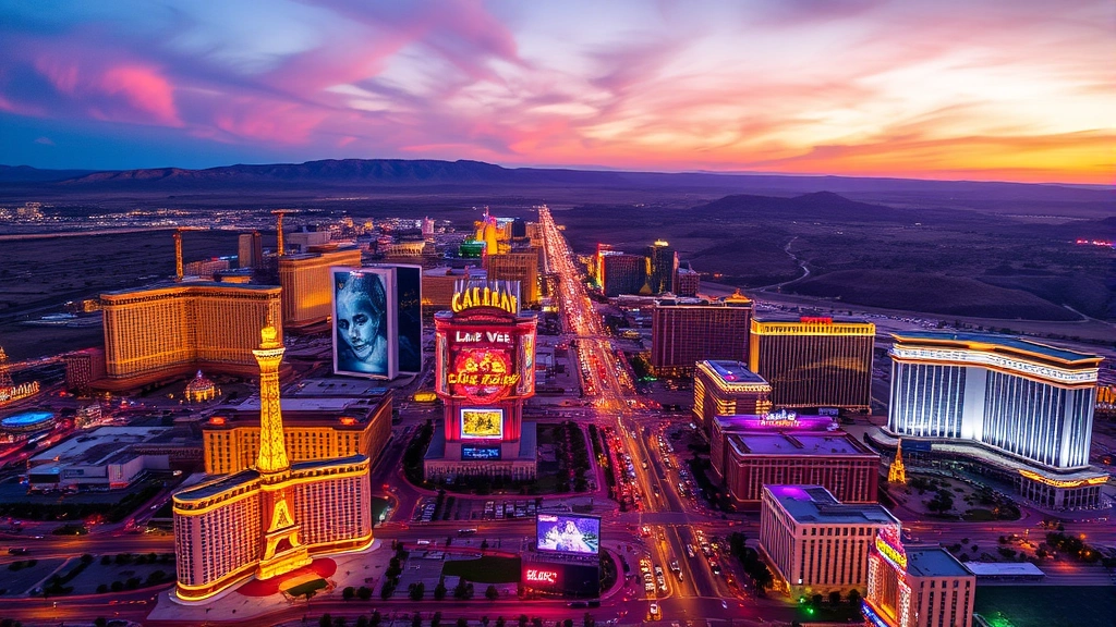Aerial view of Las Vegas Strip at sunset with neon lights and casinos glowing against desert landscape, vibrant cityscape photography