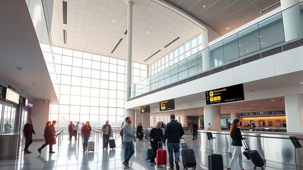 Modern airport terminal interior showing check-in counters and travelers with luggage, natural lighting from large windows, contemporary architecture