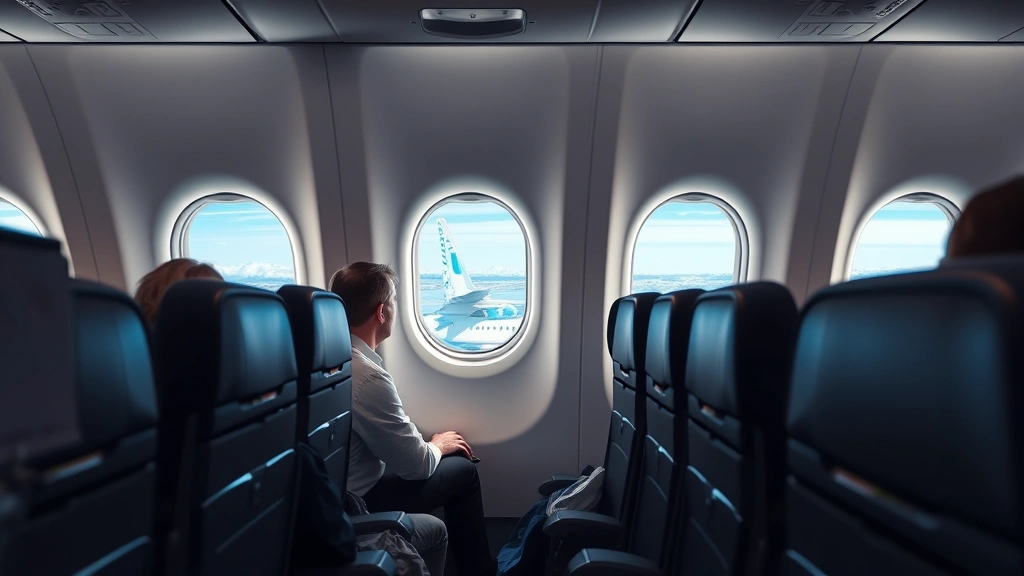 Modern aircraft cabin during flight with passengers seated, window showing blue sky and clouds, natural lighting from airplane window, realistic commercial airline interior