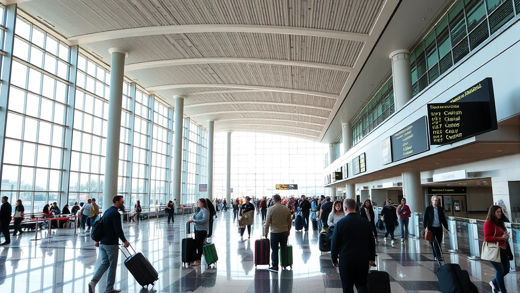 Orlando International Airport departure hall with travelers with luggage, modern terminal architecture with high ceilings, natural daylight streaming through windows, bustling airport atmosphere