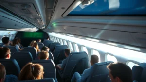Overhead aerial view of modern aircraft cabin with passengers seated during flight, bright natural light streaming through windows, blue sky visible outside, photorealistic professional photography