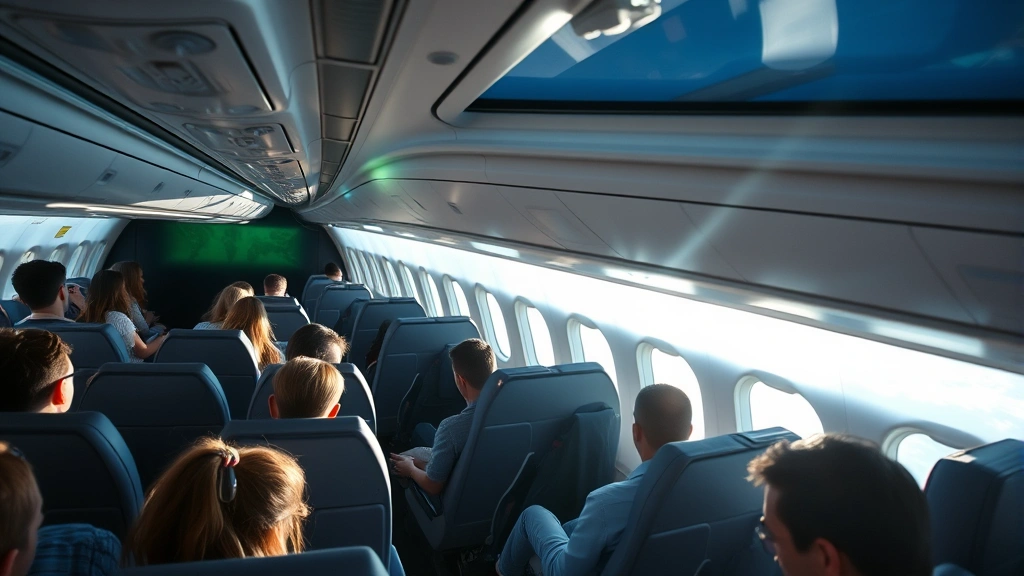 Overhead aerial view of modern aircraft cabin with passengers seated during flight, bright natural light streaming through windows, blue sky visible outside, photorealistic professional photography
