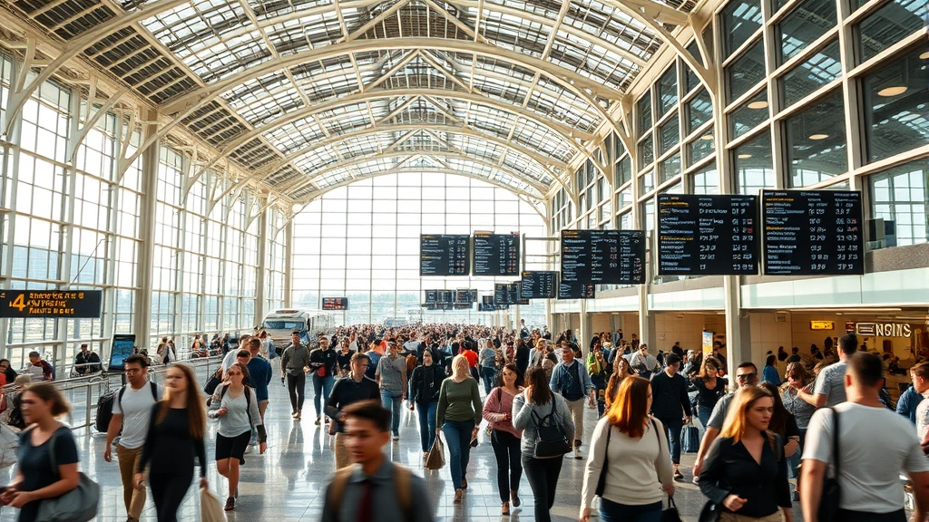 Busy Atlanta airport terminal with travelers rushing through modern glass and steel architecture, departure boards displaying flight information, natural daylight, dynamic travel atmosphere
