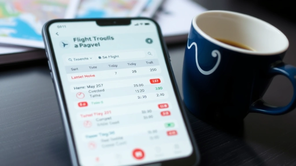 Smartphone displaying flight booking interface with calendar dates and price comparison charts, coffee cup on desk, travel planning scene, closeup technology shot