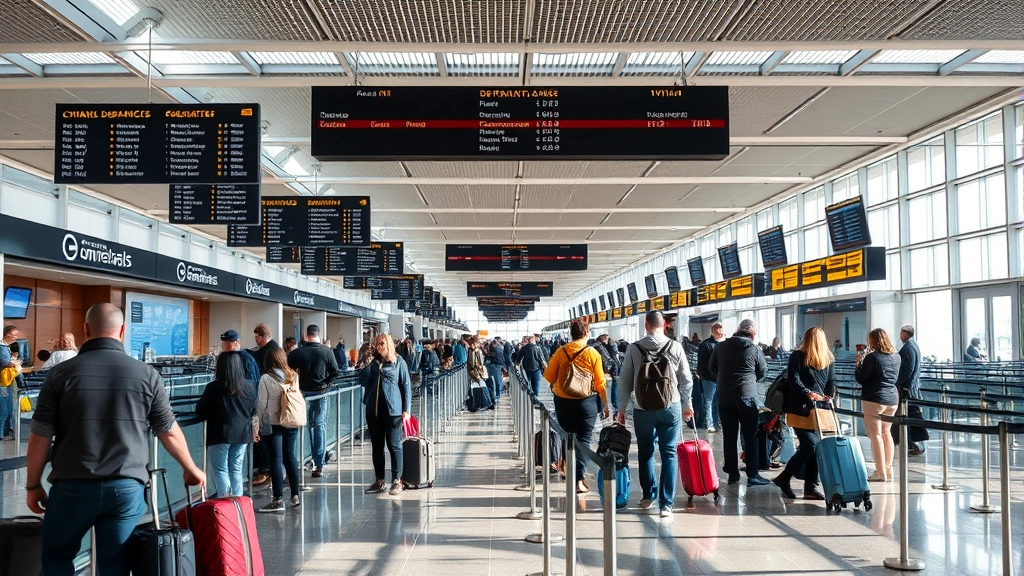 Busy airport terminal interior with travelers at check-in counters, departure boards, and luggage, bustling travel scene, natural lighting