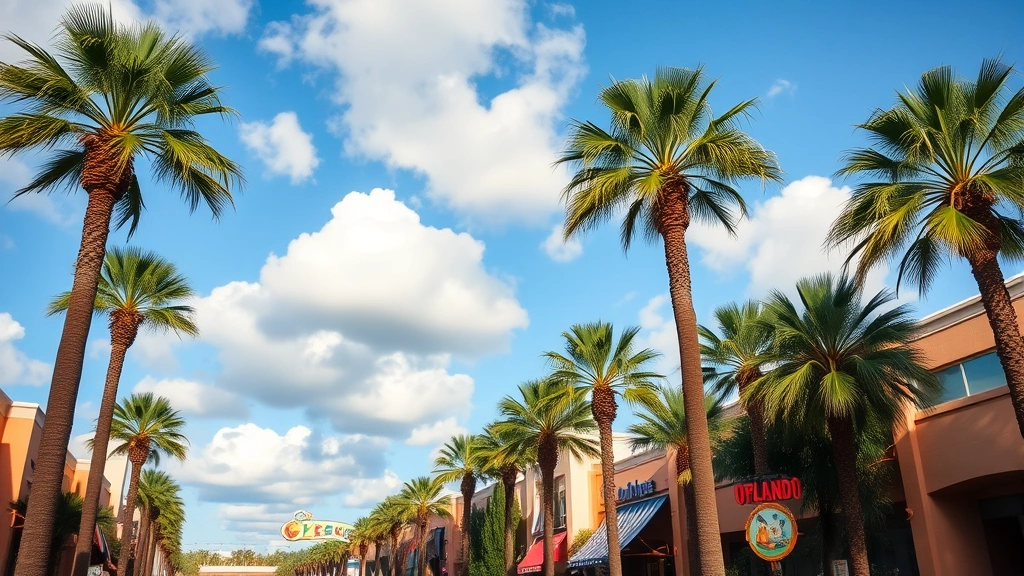 Orlando theme park landscape with palm trees and blue sky, representing Florida departure city, warm tropical setting, daytime photography