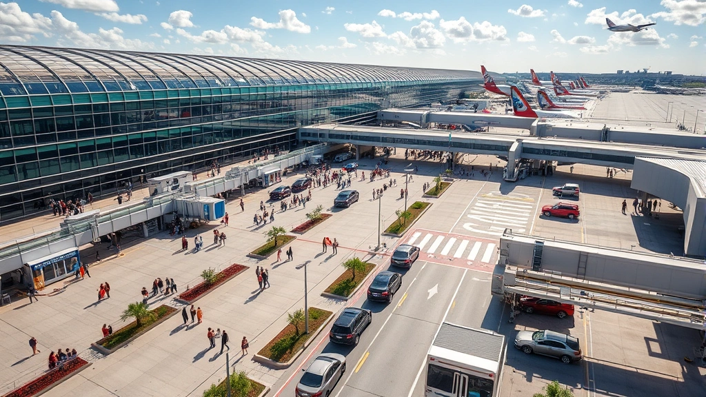 Aerial view of Orlando International Airport with departure level busy with travelers and rental car shuttles, bright Florida sunshine, modern terminal architecture visible
