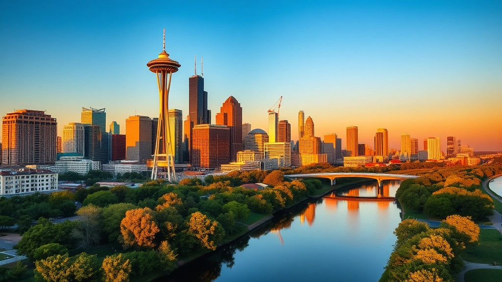 Houston skyline at golden hour with Space Needle and downtown skyscrapers reflecting in Buffalo Bayou, vibrant Texas landscape with diverse urban development