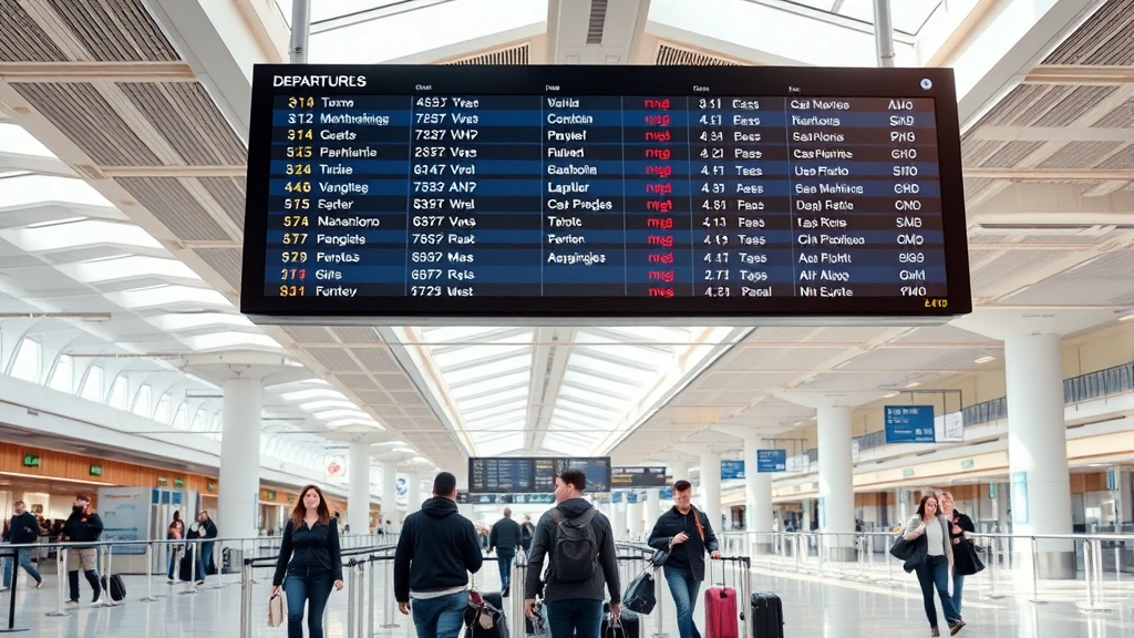 Airport departure board showing flight information with multiple destinations, travelers walking with luggage in modern terminal, bright natural lighting from skylights