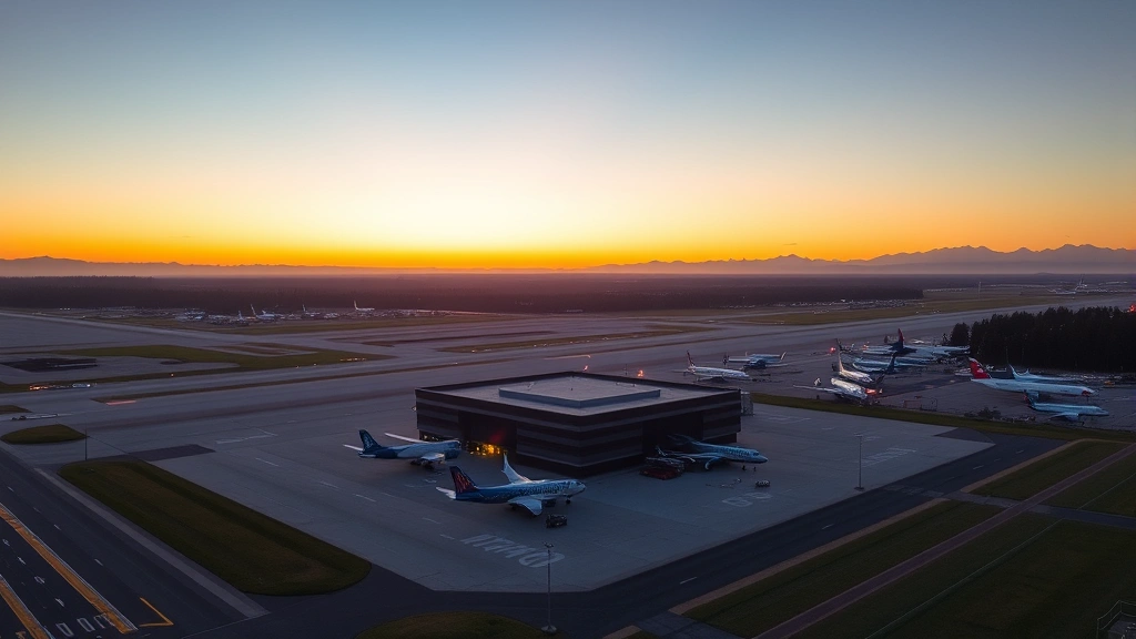Aerial view of Portland International Airport (PDX) at sunrise with runway lights and aircraft lined up, showing the compact modern terminal building surrounded by Pacific Northwest greenery and distant mountain ranges