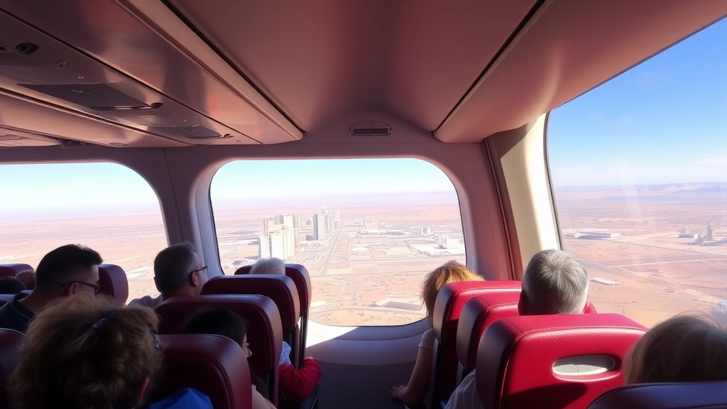 Interior shot of a Southwest Airlines aircraft cabin during flight, showing passengers in comfortable seats with natural light from windows, cruising over desert landscape with Las Vegas Strip visible in distance