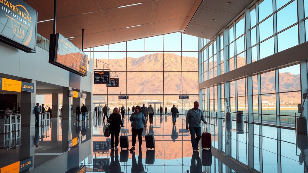 Harry Reid International Airport (LAS) modern terminal interior with contemporary architecture, glowing departure boards, travelers with luggage moving through spacious corridors, desert landscape visible through large windows