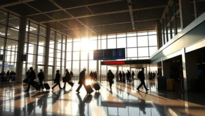 Philadelphia International Airport modern terminal with morning sunlight streaming through large windows, travelers with luggage walking past departure boards, vibrant blue airport signage visible