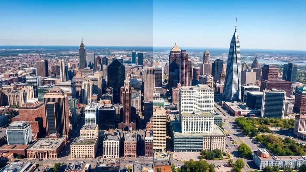 Aerial view of Philadelphia and Atlanta skylines contrasting side by side, urban landscape with buildings and streets, clear daylight, showing geographic distance between two cities