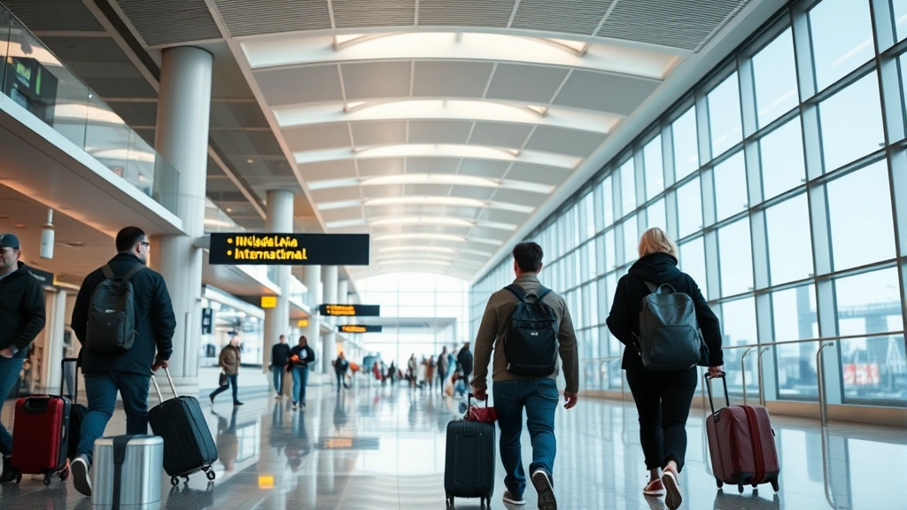 Passengers walking through Philadelphia International Airport terminal, modern architecture with natural light, travelers with luggage, bustling airport atmosphere, professional travel photography