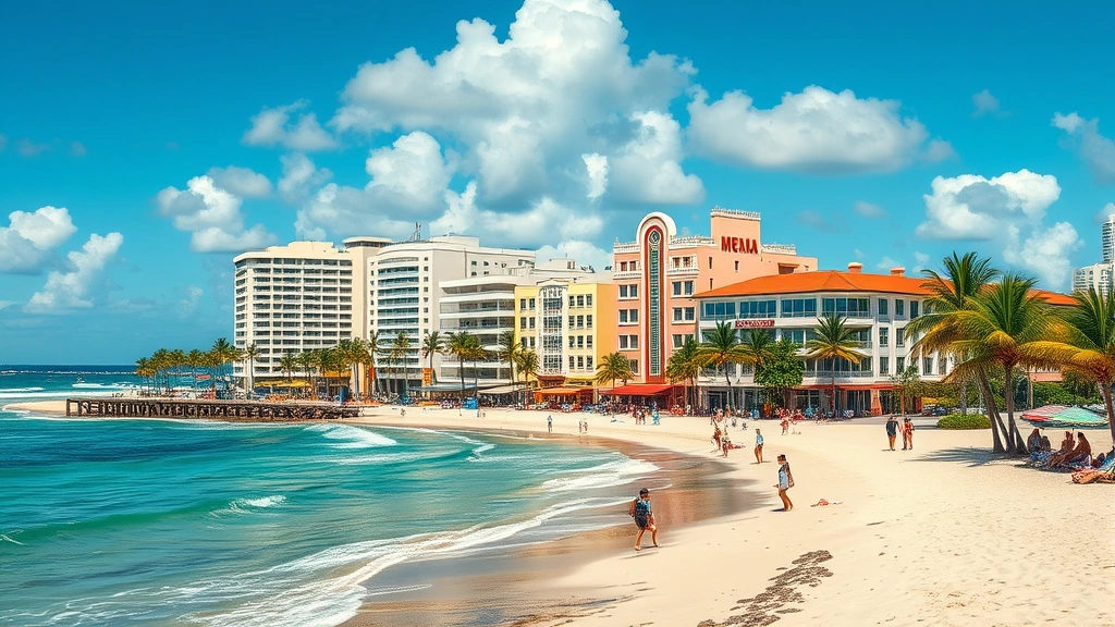 Beautiful Miami Beach scene with Art Deco buildings, pastel colored architecture, ocean waves, palm trees, sandy beach with tourists, tropical vacation destination, bright sunny day, photorealistic