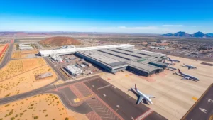 Aerial view of Phoenix Sky Harbor International Airport with desert landscape and modern terminal buildings, bright Arizona sunshine illuminating the tarmac with parked commercial aircraft