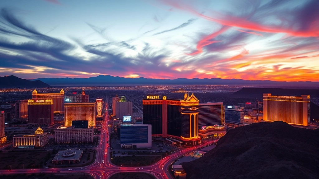 Aerial view of Las Vegas Strip at sunset with neon lights reflecting off casino buildings and desert landscape below, vibrant cityscape photography