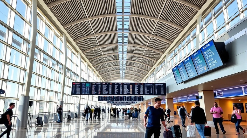 Pittsburgh International Airport terminal interior with modern architecture, departure boards, and travelers with luggage in natural daylight