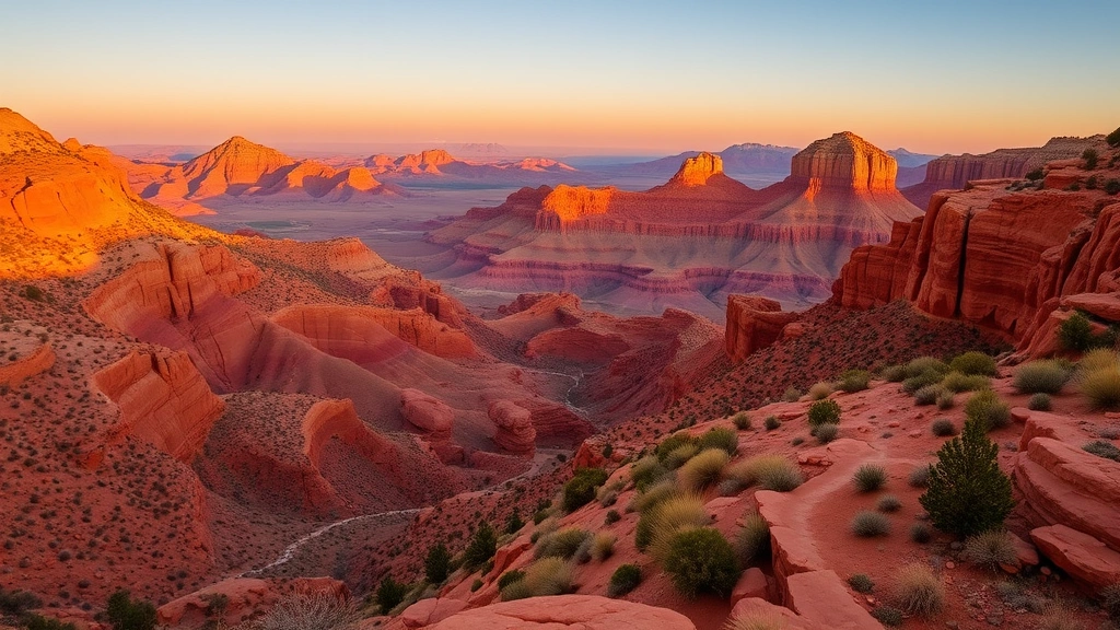 Red Rock Canyon scenic overlook near Las Vegas showing dramatic red sandstone formations, desert mountains at golden hour, hiking trail visible