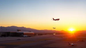 Panoramic sunset view of Reno-Tahoe International Airport with modern terminal building and departing aircraft against Nevada desert landscape with mountains in background