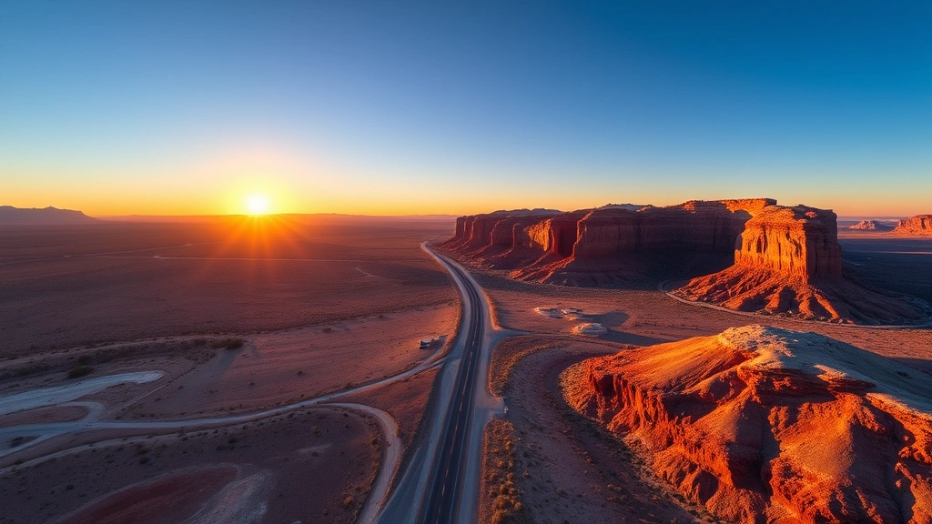 Aerial sunrise view of desert landscape between Reno and Las Vegas with red rock formations and clear blue sky, showcasing the scenic route between these Nevada cities