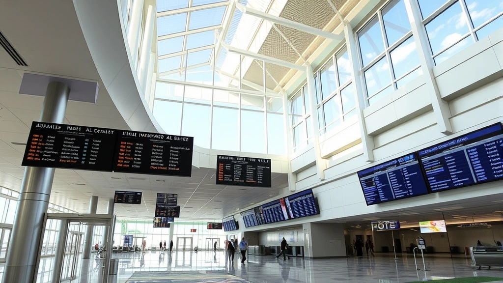 Modern airport terminal interior at Reno-Tahoe International Airport with contemporary architecture, departure boards, and natural lighting reflecting travel and journey themes