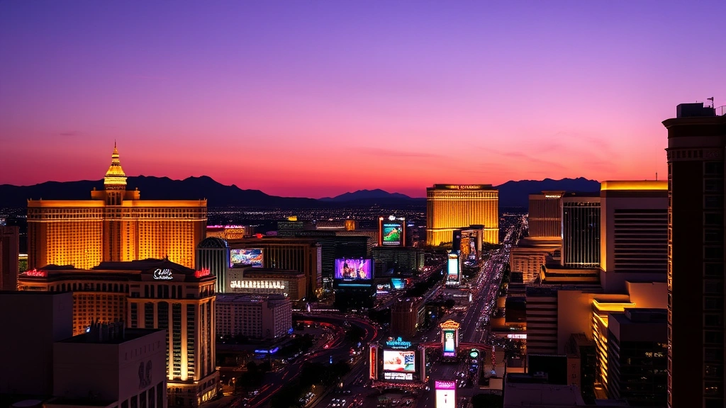 Las Vegas Strip skyline at dusk with illuminated hotels and casinos against purple twilight sky, showing vibrant neon lights and the excitement of the destination city