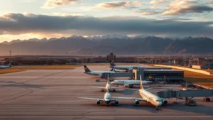 Aerial view of Salt Lake City airport tarmac with mountains in background, commercial aircraft parked at gates, golden hour lighting, photorealistic travel photography